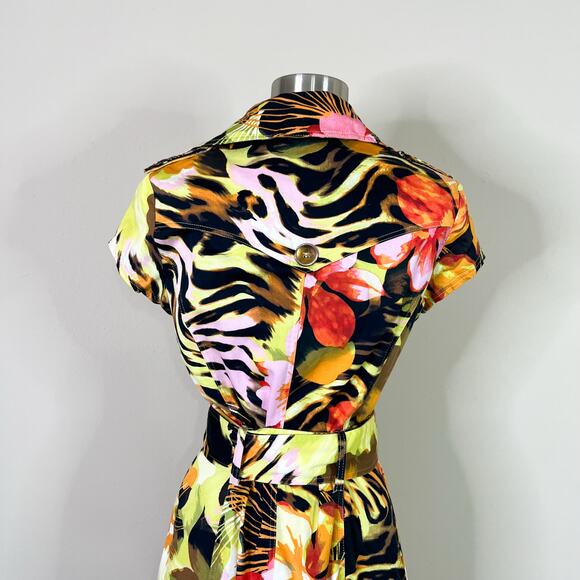 Cache | 90s Vintage Tropical Animal Print Double Breasted Belted Sheath Dress 8 - Picture 8 of 10